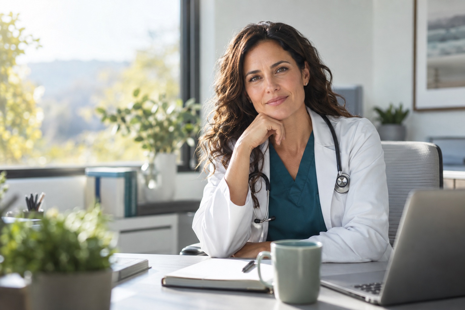 Illustrative portrait of a physician in a bright, contemporary clinic